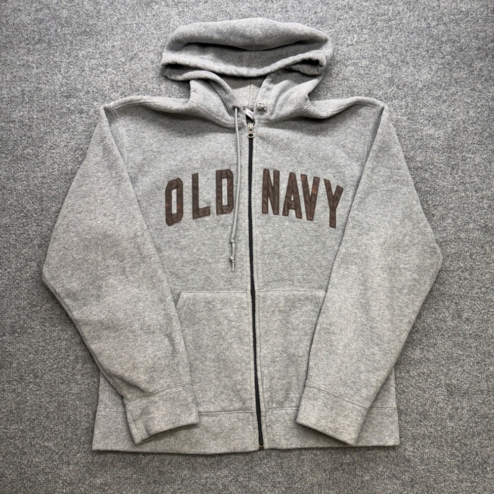 Old‎ Navy Mens Fleece Zip Up Hoodie Heather Gray Brown Spellout Logo Size M